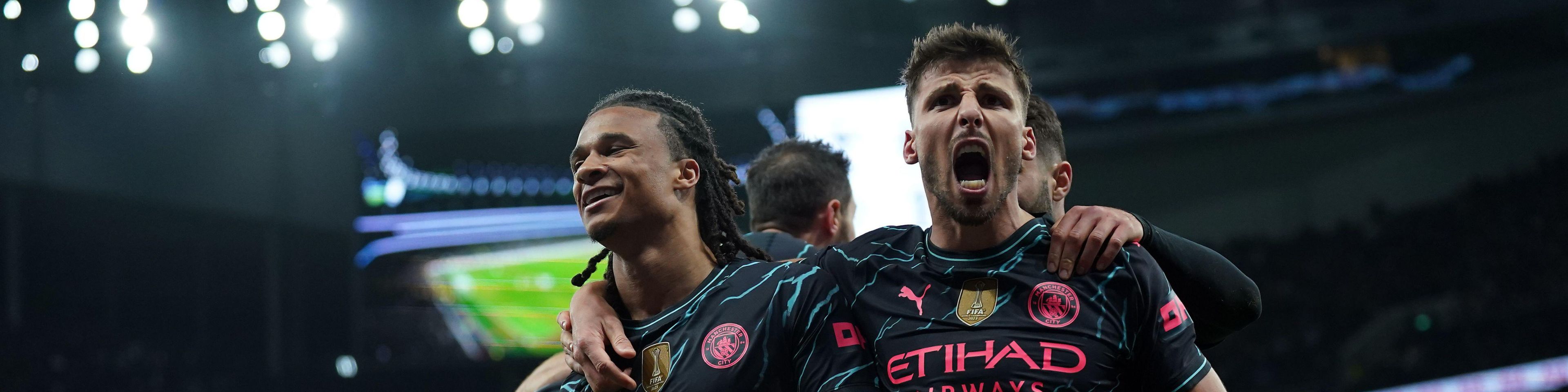 Manchester City's Nathan Ake celebrates scoring their side's first goal of the game with team-mates during the Emirates FA Cup.