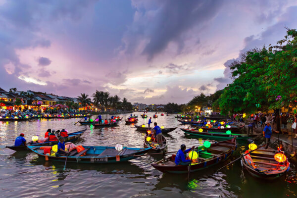 Traditional lantern boats at the twilight in Hoi An, Vietnam.