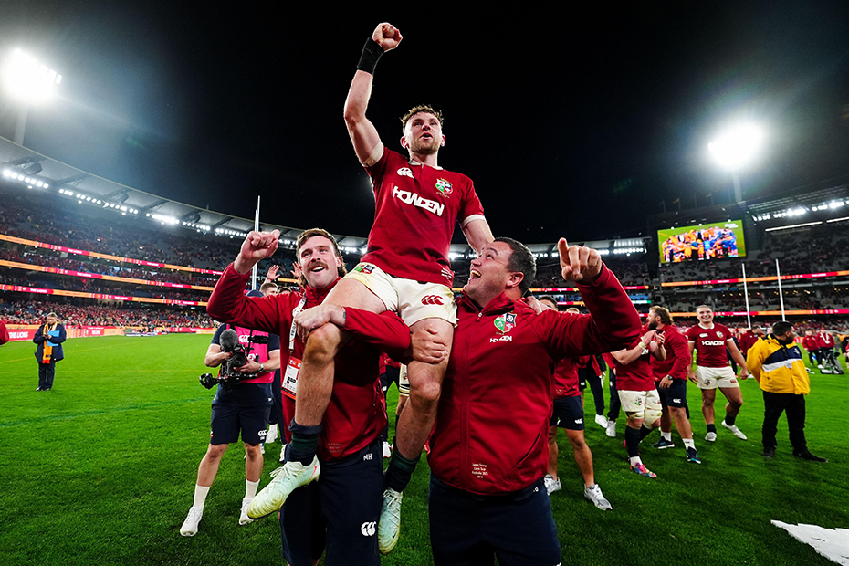 Hugo Keenan of the British and Irish Lions celebrates a series victory following the Qatar Airways Lions Tour 2025, second test match at the Melbourne Cricket Ground, Melbourne, Australia. 