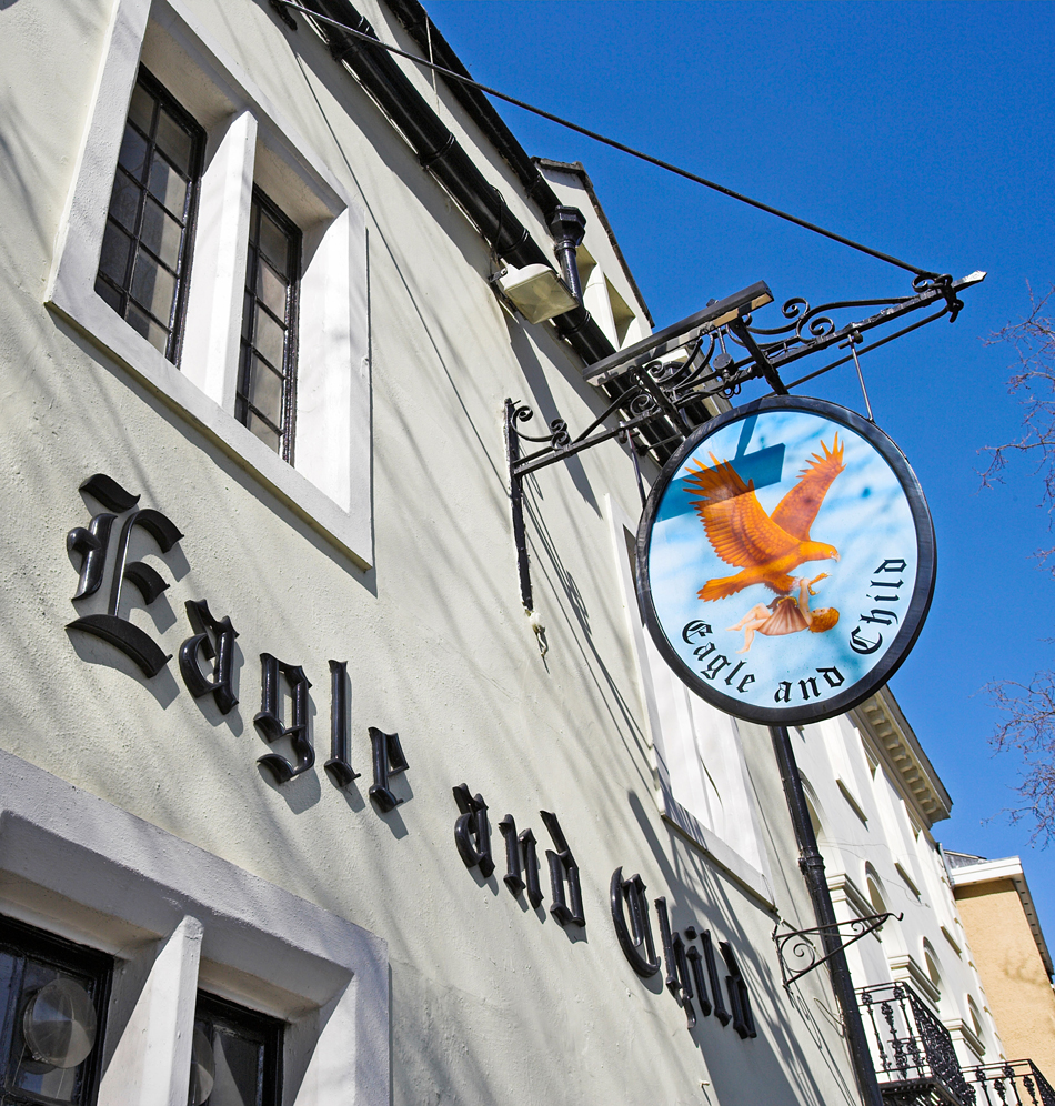 The Eagle and Child pub, England, Oxford. During the 1950s and 1960s, CS Lewis and JRR Tolkien would meet here, along with their circle of literary friends known as "The Inklings".