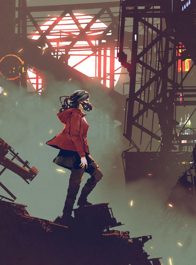 woman with futuristic mask standing in the cyberpunk city, digital art style, illustration painting