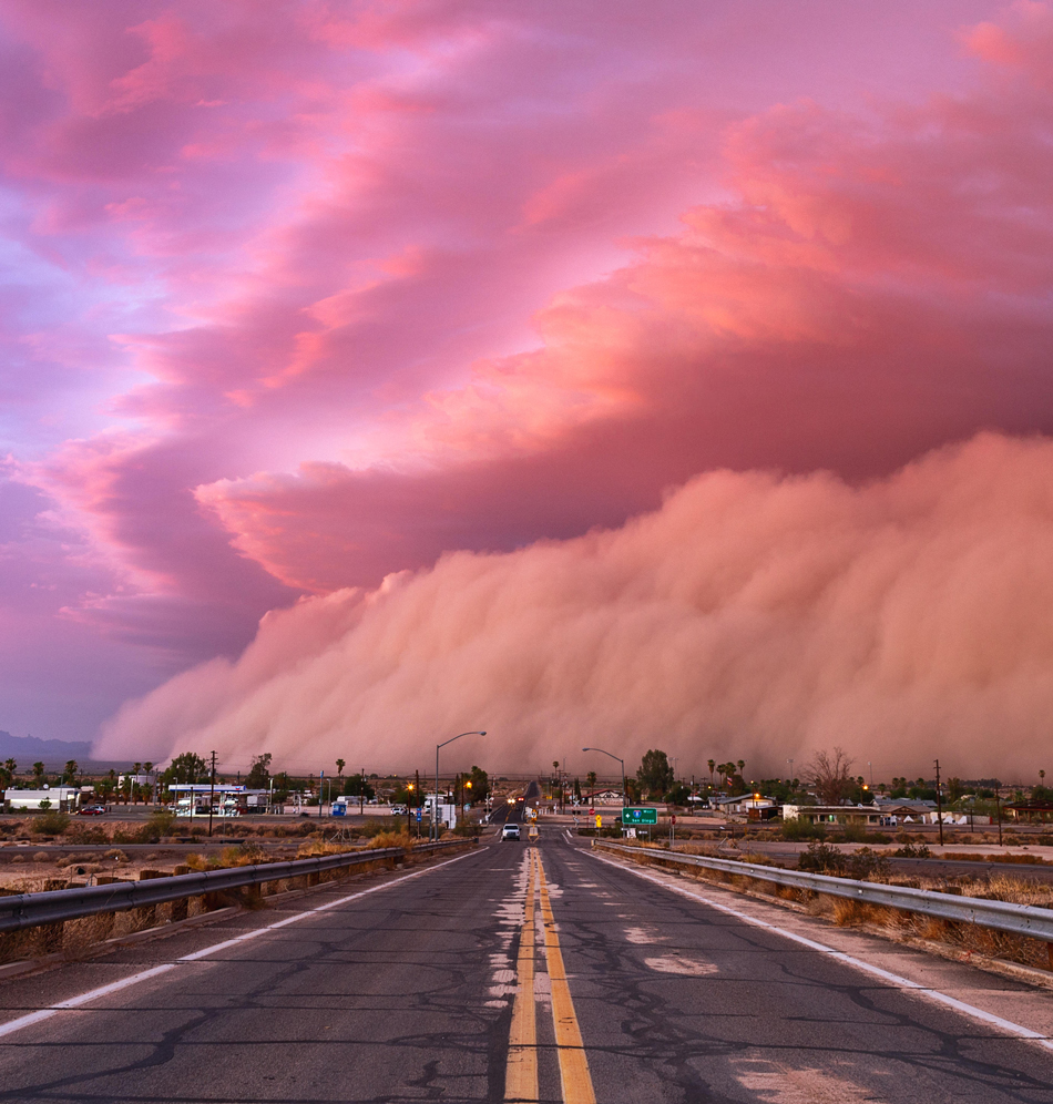 Haboob dust storm and shelf cloud at sunset as it approaches Yuma, Arizona, USA