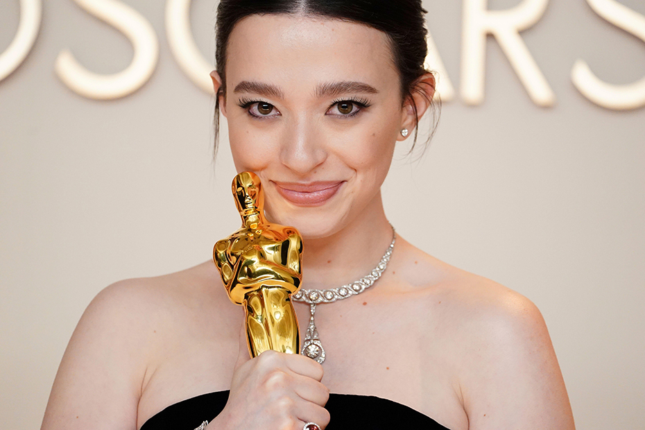 Mikey Madison, winner of the award for best performance by an actress in a leading role for "Anora," poses in the press room at the Oscars on Sunday, March 2, 2025, at the Dolby Theatre in Los Angeles.