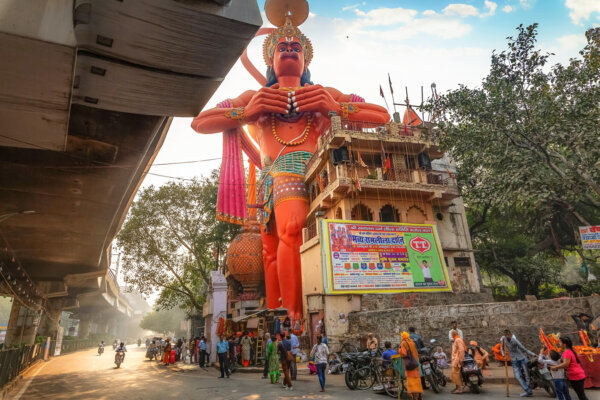 Hanuman temple near Karol Bagh Delhi with giant 108 feet statute of Lord Hanuman with view of Delhi city road at sunrise
